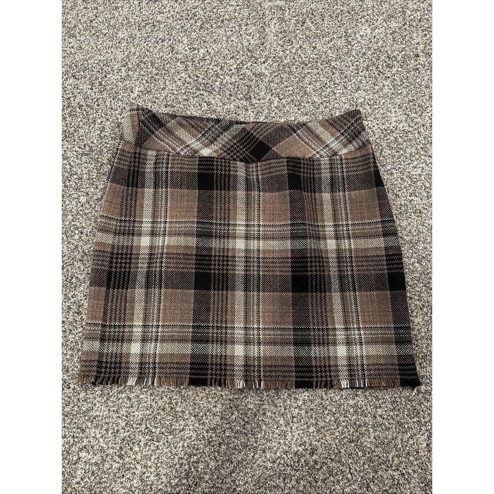 Eddie Bauer Brown Plaid Wool Blend Skirt Size 12 Fringe Bottom Lined Houndstooth